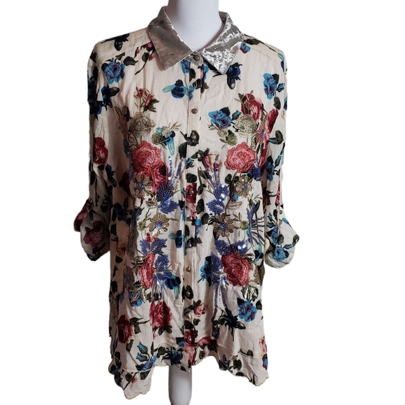Aratta Silent Journey Floral Print Shirt Sz L Velvet Collar Boho Whimsy Fairy - Picture 4 of 16